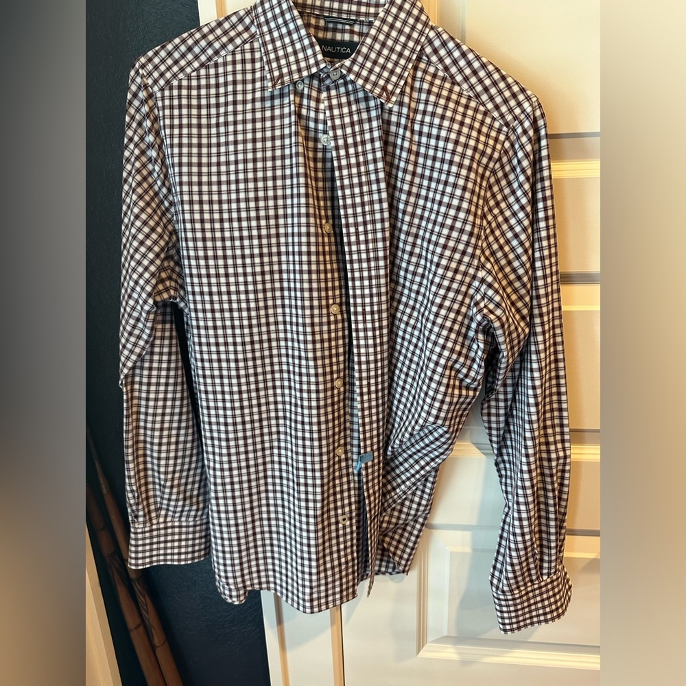Nautica Men’s long sleeve maroon and white plaid button down